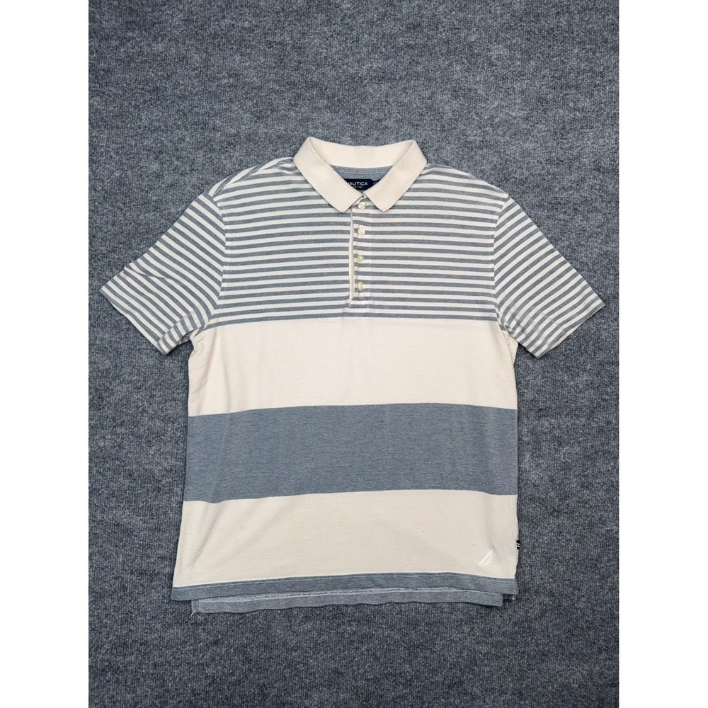 Nautica Mens‎ Large Striped Pique Polo Shirt Blue Cream Short Sleeve Cotton L